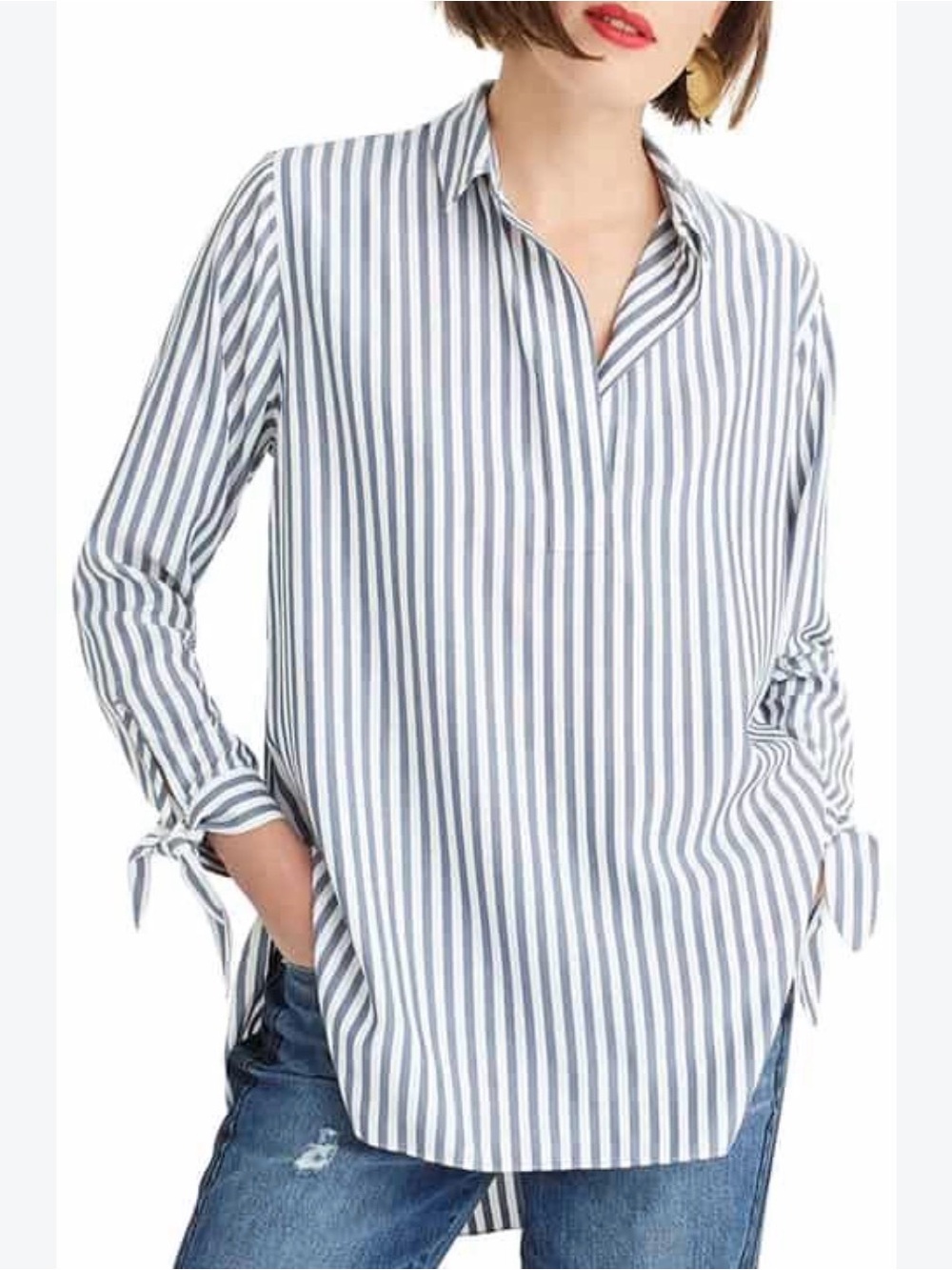J. Crew Navy and White Vertical Stripe Popover Shirt with knot tie sleeve size M